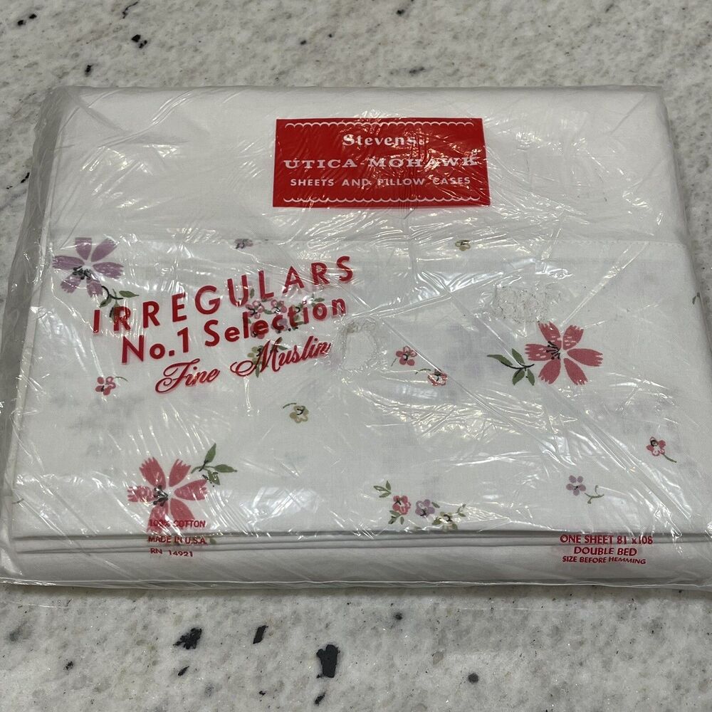 VTG Stevens Utica-Mohawk Percale Flower Floral DOUBLE Flat top Sheet 81x108 NEW